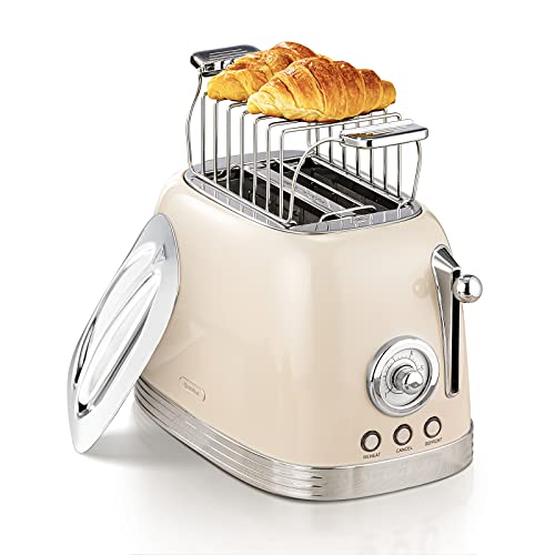 Wiltal Toaster 2 Scheiben, Retro, mit Brötchenaufsatz, mit Deckel aus Edelstahl,...